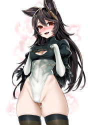 Rule 34 | 1girl, animal ears, asanagi, black hair, black thighhighs, blush, breasts, cleavage cutout, clothing cutout, commentary request, cosplay, covered navel, ear piercing, erune, fang, feather-trimmed sleeves, gluteal fold, granblue fantasy, hair between eyes, hands on own chest, highres, juliet sleeves, leotard, long hair, long sleeves, medium breasts, mole, mole under mouth, name connection, nier (granblue fantasy), nier (series), nier:automata, open mouth, piercing, puffy sleeves, red eyes, simple background, skindentation, solo, thighhighs, thighs, thong leotard, white background, white leotard, 2b (nier:automata), 2b (nier:automata) (cosplay)