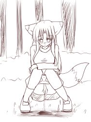 Rule 34 | 1girl, animal ears, blush, breasts, bush, crossed arms, dog ears, dog girl, dog tail, fang, forest, grass, large breasts, long hair, long sleeves, looking down, monochrome, nature, panties, panty pull, peeing, puddle, pussy, shirt, shoes, sketch, skirt, socks, squatting, tail, tree, uncensored, underwear