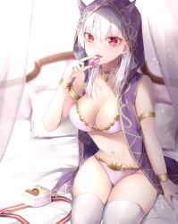 Rule 34 | 1girl, absurdres, armlet, bare shoulders, bikini, blush, box, bracelet, breasts, candy, chocolate, chocolate heart, cleavage, collarbone, curtains, earrings, fate/grand order, fate (series), food, gift, gift box, hair ribbon, heart, highres, hood, hooded vest, hoodie, horned hood, horns, jewelry, kama (chocolate heaven) (fate), kama (fate), large breasts, long hair, looking at viewer, necklace, on bed, open mouth, pillow, pink bikini, purple vest, red eyes, ribbon, sitting, smile, swimsuit, thighhighs, valentine, vest, white hair, white thighhighs, yua (bokubo0806)