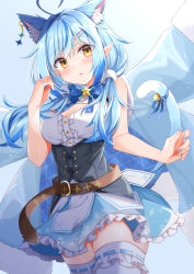 Rule 34 | 1girl, animal ear fluff, animal ears, bare shoulders, bell, blue coat, blue hair, blue nails, blue ribbon, blue skirt, blush, breasts, cat ears, cat tail, chestnut mouth, coat, commentary, corset, cowboy shot, divergenceok, extra ears, frilled skirt, frills, fur-trimmed coat, fur trim, hair ornament, hairpin, highres, hololive, jingle bell, kemonomimi mode, large breasts, long hair, nail polish, pointy ears, ribbon, ribbon-trimmed legwear, ribbon trim, shirt, skirt, snowflake print, solo, standing, symbol-only commentary, tail, tail bell, tail ornament, tail raised, tail ribbon, thighhighs, underbust, virtual youtuber, white shirt, white thighhighs, yellow eyes, yukihana lamy