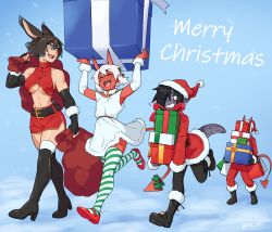 Rule 34 | 1boy, 3girls, absurdres, animal ears, bag, bare shoulders, belt, belt buckle, black hair, blue background, boots, breasts, buckle, christmas, colored skin, commentary, demon girl, demon horns, demon tail, elbow gloves, english commentary, english text, closed eyes, fingerless gloves, full body, gift, gloves, hair between eyes, hair over one eye, high heel boots, high heels, highres, holding, holding gift, horns, li (rob ishi), merry christmas, miniskirt, multiple girls, navel, nelu (rob ishi), open mouth, original, pantyhose, pointy ears, purple skin, rabbit ears, rabbit girl, rae (rob ishi), red skin, rob ishi, short hair, simple background, skirt, sleeveless, tail, teeth, thigh boots, thighhighs, tongue, tracie (rob ishi), underboob, white hair