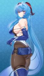 Rule 34 | 1girl, absurdres, ahoge, anji lanuo, ass, bare shoulders, bell, blue hair, blush, breasts, ganyu (genshin impact), genshin impact, highres, horns, large breasts, long hair, looking at viewer, purple eyes, race queen, sideboob, solo