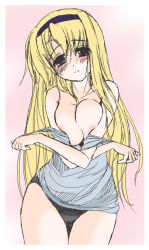 Rule 34 | 00s, 1girl, bare shoulders, black panties, blonde hair, blush, breasts squeezed together, breasts, carim gracia, frapowa, large breasts, long hair, lyrical nanoha, mahou shoujo lyrical nanoha, mahou shoujo lyrical nanoha strikers, panties, solo, underwear