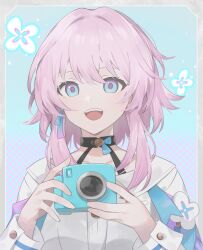 Rule 34 | 1girl, black choker, blue eyes, blue jacket, border, buttons, camera, choker, collarbone, commentary, earrings, flower ornament, gradient background, grey border, hands up, highres, holding, holding camera, honkai: star rail, honkai (series), jacket, jewelry, light blush, long sleeves, march 7th (honkai: star rail), medium hair, open mouth, outside border, pink eyes, pink hair, polka dot, polka dot background, portrait, shirt, single earring, smile, solo, teeth, two-tone eyes, upper teeth only, white shirt, younomiti