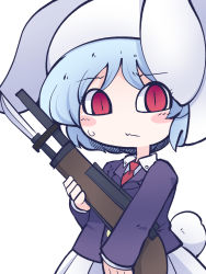 Rule 34 | 1girl, animal ears, black jacket, blue hair, blush stickers, chahan (fried rice0614), closed mouth, collared shirt, gun, highres, holding, holding gun, holding weapon, jacket, long sleeves, necktie, one-hour drawing challenge, pleated skirt, rabbit ears, rabbit tail, red eyes, red necktie, reisen (touhou bougetsushou), shirt, short hair, simple background, skirt, solo, tail, touhou, upper body, weapon, white background, white shirt, white skirt