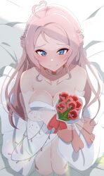 1girl absurdres ahoge bare_shoulders blue_eyes blush bouquet breasts cleavage closed_mouth commentary_request detached_sleeves dress flower flower_request half_updo heart heart_ahoge highres holding holding_bouquet large_breasts long_hair looking_at_viewer love_live! love_live!_nijigasaki_high_school_idol_club mole mole_under_eye official_alternate_costume on_bed pink_hair red_flower see-through_clothes see-through_sleeves sidelocks sitting smile solo split_mouth strapless strapless_dress swept_bangs tokimeki_no_mirai_chizu wedding_dress white_dress yukitannpo zhong_lanzhu