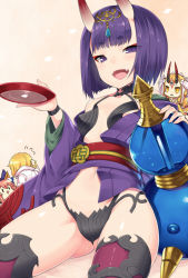 Rule 34 | 10s, 1boy, 3girls, :d, alcohol, animal ears, blonde hair, breasts, covered erect nipples, cup, eyebrows, fangs, fate/extra, fate/grand order, fate (series), flying sweatdrops, fox ears, horns, ibaraki douji (fate), japanese clothes, kimono, long hair, looking at viewer, multiple girls, oni, open mouth, petals, pink hair, purple eyes, purple hair, revision, sakata kintoki (fate), sakazuki, sake, short hair, shuten douji (fate), small breasts, smile, tamamo no mae (fate/extra), torimaru, triangle mouth