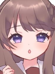 Rule 34 | 1girl, blush, brown hair, chestnut mouth, close-up, commentary request, cropped, fujishima megumi, hand up, hasu no sora school uniform, link! like! love live!, long hair, looking at viewer, love live!, nirukachi, open mouth, purple eyes, sailor collar, school uniform, solo, two side up, virtual youtuber, white sailor collar, winter uniform