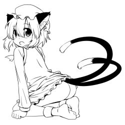 Rule 34 | 1girl, animal ears, ass, bottomless, cat ears, cat girl, cat tail, chen, earrings, female focus, greyscale, hair between eyes, hat, jewelry, kneeling, kou (pixiv51406), monochrome, multiple tails, open mouth, short hair, sketch, socks, solo, tail, takami ryou, touhou