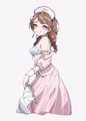 Rule 34 | 1girl, apron, arm at side, arm strap, bang dream!, bare shoulders, blue bra, blush, bow, bra, braid, breasts, brown hair, clothes pull, commentary request, cowboy shot, cropped torso, dress, dress pull, earrings, from side, grey background, grin, hair bow, hair ornament, hairclip, hat, heart, heart earrings, highres, holding, holding clothes, jewelry, long hair, looking at viewer, low twin braids, mnemo (mnemorikriyairo), nurse, nurse cap, off shoulder, official alternate costume, official alternate hairstyle, parted lips, pill hair ornament, pink bow, pink dress, purple eyes, short sleeves, simple background, small breasts, smile, solo, standing, strap gap, striped clothes, striped dress, toyama kasumi, twin braids, underwear, unworn apron, vertical-striped clothes, vertical-striped dress, white apron, wrist cuffs