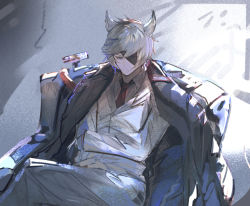Rule 34 | 1boy, black jacket, blue eyes, closed mouth, collared shirt, commentary request, eyepatch, feet out of frame, formal, granblue fantasy, grey hair, horns, jacket, jacket on shoulders, crossed legs, male focus, necktie, nehan (granblue fantasy), pants, red necktie, shirt, solo, suit, tota (sizukurubiks), white jacket, white pants, white shirt