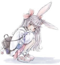 1girl 63suke animal_bag animal_ears backpack bag blunt_bangs blush bow charm_(object) full_body grey_hair hair_bow hood hood_down jacket long_hair long_sleeves looking_at_viewer open_mouth original pink_bow pink_skirt pleated_skirt puffy_sleeves rabbit_ears rabbit_girl rabbit_tail red_eyes ribbon shoes simple_background skirt sleeves_past_fingers sleeves_past_wrists sneakers socks solo squatting tail tearing_up tears twintails white_background white_jacket white_socks