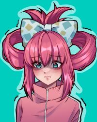 Rule 34 | absurdres, aqua eyes, blush, bocchi the rock!, bow, chiisaisan, closed mouth, embarrassed, facing viewer, gotoh hitori, hair bow, highres, jacket, pink hair, pink jacket, track jacket, trembling
