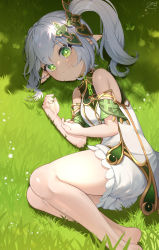 Rule 34 | 1girl, absurdres, artist request, ass, bare shoulders, barefoot, bloomers, blush, cross-shaped pupils, dress, genshin impact, gradient hair, green eyes, green hair, hair ornament, highres, long hair, looking at viewer, lying, multicolored hair, nahida (genshin impact), on side, shiny skin, smile, solo, symbol-shaped pupils, underwear, very long hair, white hair
