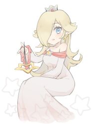 Rule 34 | 1girl, bare shoulders, blonde hair, blue eyes, brooch, closed mouth, crown, dress, earrings, eyelashes, hair over one eye, highres, holding, holding wand, jewelry, long bangs, long hair, long sleeves, looking at viewer, mario (series), nintendo, off-shoulder dress, off shoulder, official alternate color, rosalina, smile, solo, star (symbol), star brooch, star earrings, star print, super smash bros., wand, white background, white dress, wt9888