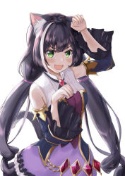Rule 34 | 1girl, animal ear fluff, animal ears, bad id, bad pixiv id, black hair, black ribbon, blush, breasts, cat ears, cat girl, cat tail, commentary, detached sleeves, drill hair, fang, frills, gem, hair ribbon, jacket, karyl (princess connect!), long hair, long sleeves, looking at viewer, medium breasts, miyama mizuki(hoshihoshi1220), multicolored hair, neck ribbon, open mouth, paw pose, princess connect!, purple ribbon, purple skirt, ribbon, shirt, sidelocks, skirt, sleeveless, sleeveless shirt, smile, solo, streaked hair, tail, twintails, vest, white background, white hair, white shirt, wide sleeves