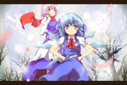 Rule 34 | 2girls, aruu (memories), bad id, bad pixiv id, blue eyes, blue hair, blush, bow, cirno, dress, fairy, ice, letterboxed, letty whiterock, long sleeves, multiple girls, purple eyes, purple hair, ribbon, scarf, short hair, smile, touhou, tree, wings
