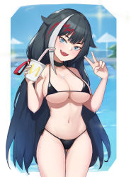Rule 34 | 1girl, absurdres, azur lane, bikini, black choker, black hair, blue eyes, blue sky, blunt bangs, blurry, blurry background, border, breasts, cameltoe, choker, covered erect nipples, cowboy shot, cup, day, deutschland (azur lane), disposable cup, drinking straw, fang, gluteal fold, hair flaps, hair ribbon, hands up, highres, holding, holding cup, kkusak (kkusag ks), large breasts, legs together, long hair, looking at viewer, micro bikini, multicolored hair, navel, open mouth, outdoors, red hair, red ribbon, ribbon, shiny skin, side-tie bikini bottom, skin fang, skindentation, sky, smile, solo, standing, strap gap, streaked hair, string bikini, swimsuit, thigh gap, thighs, underboob, v, very long hair, water, water drop, wet, wet hair, white border, white hair