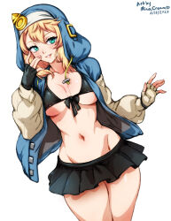 Rule 34 | 1girl, bikini, black bikini, black gloves, blonde hair, blush, breasts, bridget (guilty gear), cleavage, commentary, dated, drawstring, dutch angle, english commentary, fingerless gloves, genderswap, genderswap (mtf), gloves, green eyes, groin, guilty gear, hair between eyes, hood, jacket, long sleeves, looking at viewer, medium breasts, medium hair, mina cream, navel, open clothes, signature, simple background, smile, solo, swimsuit, thighs, white background