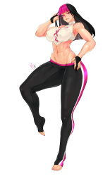 Rule 34 | 1girl, abs, absurdres, bare arms, bare shoulders, black gloves, black hair, black legwear, blunt bangs, breasts, cameltoe, capcom, covered erect nipples, curvy, feet, full body, gloves, grin, han juri, highres, large breasts, legs, lips, long hair, looking at viewer, midriff, multicolored hair, nail polish, navel, parted lips, pink eyes, pink hair, pink nails, simple background, smile, solo, sports bra, sportswear, standing, standing on one leg, street fighter, street fighter v, thick thighs, thighs, toeless legwear, toes, toned, two-tone hair, white background, wide hips, zcune