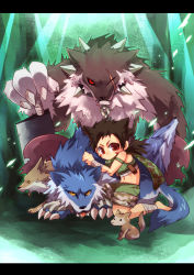 Rule 34 | 2boys, atroce, axe, barefoot, black hair, camouflage, camouflage scarf, camouflage shorts, chain, collar, commentary request, crop top, desert wolf (ragnarok online), dog, emon-yu, full body, furry, furry male, green background, green scarf, green shirt, green shorts, hair horns, holding, holding axe, kneeling, letterboxed, looking at viewer, male focus, medium hair, multiple boys, puppy, ragnarok online, ranger (ragnarok online), red eyes, scar, scar across eye, scar on face, scarf, shirt, shorts, sleeveless, sleeveless shirt, spiked collar, spikes, squatting, tongue, tongue out, wolf