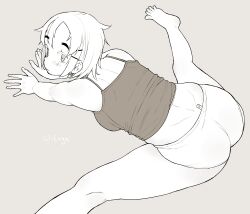 Rule 34 | 1girl, absurdres, all fours, ass, bare shoulders, barefoot, closed mouth, from above, grey background, greyscale, highres, koeru otoge-san, lineart, looking at viewer, monochrome, neyuki rei, otouge azuki, panties, profile, shirt, short hair, solo, stretching, t-shirt, thick eyebrows, thighs, underwear