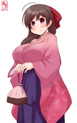 Rule 34 | 1girl, absurdres, alternate costume, artist logo, bag, blue hakama, breasts, brown hair, commentary request, dated, floral print, hair ornament, hair ribbon, hairclip, hakama, hakama skirt, highres, holding, holding bag, japanese clothes, kanon (kurogane knights), kantai collection, kimono, large breasts, long hair, looking at viewer, mamiya (kancolle), pink kimono, purple eyes, ribbon, satchel, simple background, skirt, smile, solo, translation request, white background