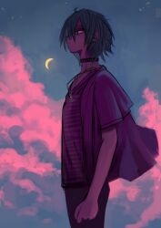 Rule 34 | 1boy, 2n5, absurdres, aqua hair, choker, cloud, crescent moon, highres, jewelry, male focus, moon, necklace, original, shirt, solo, striped clothes, striped shirt, yellow eyes