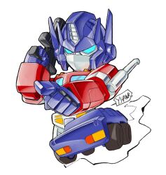 Rule 34 | artist name, autobot, blue eyes, chibi, gun, highres, holding, holding gun, holding weapon, mecha, no humans, optimus prime, pointing, robot, roller (transformers), science fiction, solo focus, transformers, weapon, white background, yinghawk