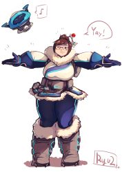 Rule 34 | 1girl, blush, breasts, brown eyes, brown hair, glasses, hair bun, hair ornament, hairpin, large breasts, mei (overwatch), one eye closed, outstretched arms, overwatch, overwatch 1, parka, plump, robot, ryuji (red-truth), short hair, single hair bun, smile, solo, thick thighs, thighs
