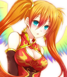 Rule 34 | 1girl, :o, aqua eyes, bad id, bad pixiv id, bare shoulders, bird wings, blush, breasts, china dress, chinese clothes, chisa, cleavage, cleavage cutout, clothing cutout, detached sleeves, dress, earrings, feathered wings, jewelry, leilan (p&amp;d), leiran (p&amp;d), long hair, open mouth, orange hair, puzzle &amp; dragons, red dress, simple background, solo, twintails, upper body, white background, wings