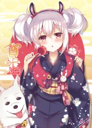Rule 34 | 1girl, azur lane, candy apple, commentary request, cowboy shot, food, hair between eyes, head tilt, highres, japanese clothes, kimono, laffey (azur lane), looking at viewer, new year, silver hair, smile, solo, standing, suzunone rena