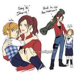 Rule 34 | at4, belt, blonde hair, blue eyes, blush, brown hair, capcom, carrying, claire redfield, denim, english text, full body, gun, hairband, highres, long hair, looking at viewer, man-portable anti-tank systems, naomi gumbs (hanamimi), pants, ponytail, recoilless gun, resident evil, resident evil 2, resident evil 2 (remake), rocket launcher, school uniform, sherry birkin, short hair, simple background, smile, weapon, white background
