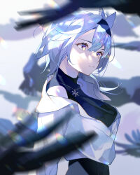 Rule 34 | 1girl, absurdres, bird, black hairband, black undershirt, blue hair, blurry, blurry background, breasts, closed mouth, crow, eula (genshin impact), from side, genshin impact, grey background, hair between eyes, hair ornament, hairband, highres, jewelry, long sleeves, looking ahead, medium breasts, medium hair, multicolored eyes, necklace, off-shoulder shirt, off shoulder, oriori 0201, rainbow eyes, shirt, sidelocks, snowflake necklace, solo, upper body, white shirt