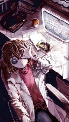 Rule 34 | 1girl, arm up, azzz (7334080), button eyes, buttons, chair, coat, cup, desk, glowing, highres, identity v, lab coat, long sleeves, looking at viewer, meitantei conan, miyano shiho, monitor, mug, paper, photo (object), pill, pill bottle, red sweater, sitting, solo, sweater, white coat