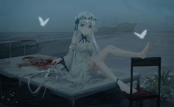 Rule 34 | 1girl, ankle ribbon, bare legs, barefoot, bed, blood, blood stain, blue bow, blue eyes, bow, breasts, bug, butterfly, chair, chihuri, cleavage, cloud, cloudy sky, commentary request, crying, crying with eyes open, detached sleeves, dress, flower, flower wreath, hair between eyes, hair bow, head wreath, highres, horizon, insect, juliet sleeves, leg ribbon, long hair, long sleeves, looking at viewer, medium breasts, ocean, original, outdoors, overcast, parted lips, puffy sleeves, ribbon, ship, shipwreck, silver hair, sitting, sky, sleeveless, sleeveless dress, solo, tears, very long hair, water, watercraft, waves, white dress, white flower, wide sleeves
