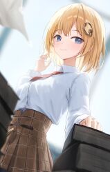 Rule 34 | 1girl, backlighting, blonde hair, blue eyes, blurry, book, breasts, brown skirt, buttons, clenched hand, depth of field, fingernails, foreshortening, gnns, hair ornament, highres, hololive, hololive english, lens flare, medium breasts, mixed-language commentary, necktie, red necktie, shirt, short hair, skirt, smile, solo, virtual youtuber, watson amelia, white shirt