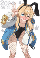 1boy ;d absurdres alternate_costume animal_ear_hairband animal_ears black_hairband black_leotard blonde_hair blue_eyes blue_jacket blush bo_(bocky0w0) bridget_(guilty_gear) bulge bunny_day commentary dated drawstring fake_animal_ears fishnet_pantyhose fishnets guilty_gear hair_between_eyes hairband hand_on_own_knee highleg highleg_leotard highres jacket leaning_forward leotard long_hair long_sleeves male_focus male_playboy_bunny nipple_slip nipples one_eye_closed open_clothes open_jacket open_mouth pantyhose puffy_long_sleeves puffy_sleeves rabbit_ears simple_background smile solo strapless strapless_leotard trap v white_background