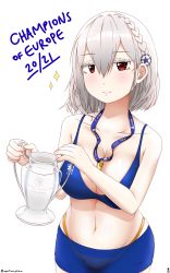 Rule 34 | 1girl, a port in any storm, absurdres, azur lane, bare shoulders, between breasts, bikini, bikini shorts, bikini top only, blue bikini, blue shorts, blush, braid, breasts, chelsea fc, cleavage, closed mouth, collarbone, commentary, cowboy shot, english text, groin, hair between eyes, hair ornament, highleg, highleg panties, highres, holding, holding trophy, large breasts, looking at viewer, medal, midriff, navel, panties, red eyes, short hair, short shorts, shorts, sidelocks, simple background, sirius (azur lane), smile, solo, sparkle, standing, swimsuit, trophy, twitter username, uefa champions league, underwear, white background, white hair