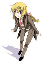 Rule 34 | blonde hair, braid, butler, charlotte dunois, cosplay, female butler, formal, infinite stratos, konoe subaru, konoe subaru (cosplay), leaning forward, long hair, mayo chiki!, mister (black and white), necktie, onna no ko, purple eyes, solo, suit