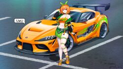 Rule 34 | 1girl, bike shorts under skirt, bikini, black choker, black jacket, blush, breasts, car, choker, cleavage, collarbone, fast & furious, fast &amp; furious, fishnet top, fishnets, go-toubun no hanayome, green bikini, green hairband, green ribbon, green skirt, hair ribbon, hairband, half-skirt, heart o-ring, highres, imrinzlergtz art, jacket, large breasts, looking at viewer, medium hair, midriff, motor vehicle, nakano yotsuba, navel, nitrous oxide systems, o-ring, o-ring thigh strap, off shoulder, orange footwear, orange hair, orange tube top, race queen, ribbon, shadow, shoes, skindentation, skirt, smile, sneakers, solo, speech bubble, spoiler (automobile), sponsor, sports car, strapless, swimsuit, the fast and the furious, the fast and the furious 1, thigh strap, thighhighs, toyota, toyota supra, toyota supra mk v, tube top, twitter username, vehicle focus, white thighhighs