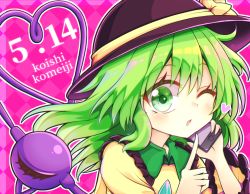 Rule 34 | 1girl, black frills, black hat, cellphone, character name, collarbone, dated, frilled shirt collar, frilled sleeves, frills, green eyes, green hair, hat, hat ribbon, heart, heart of string, holding, holding phone, jewelry, keyaki chimaki, koishi day, komeiji koishi, long sleeves, looking at viewer, medium hair, one eye closed, open mouth, phone, pink background, pointing, pointing at self, ribbon, shirt, smartphone, solo, talking on phone, third eye, touhou, upper body, yellow ribbon, yellow shirt, yellow sleeves