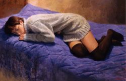 Rule 34 | 1girl, bed, black thighhighs, brown hair, dress, lying, misawa hiroshi, no shoes, oil painting (medium), on bed, on side, original, painting (medium), photorealistic, realistic, short hair, solo, sweater, sweater dress, thighhighs, traditional media, zettai ryouiki