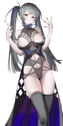 Rule 34 | 1girl, absurdres, bare shoulders, breasts, breasts apart, cameltoe, feet out of frame, fufudantuiren, gem, gradient hair, grey hair, grey thighhighs, groin, halterneck, hands up, highres, jewelry, large breasts, legs together, light blush, long hair, looking at viewer, multicolored hair, nail polish, navel, original, parted lips, purple gemstone, purple hair, red eyes, red nails, revealing clothes, ring, simple background, solo, standing, streaked hair, teeth, thigh gap, thighhighs, twintails, very long fingernails, very long hair, white background