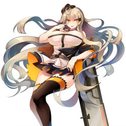 Rule 34 | breasts, brown hair, cleavage, cross, cross necklace, girls&#039; frontline, weapon case, hair ornament, hairclip, hat, jacket, jewelry, large breasts, long hair, looking at viewer, m37 (girls&#039; frontline), menpo, necklace, off shoulder, orange eyes, skirt, solo, thighhighs, tongue, tongue out, very long hair