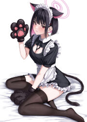 Rule 34 | 1girl, absurdres, alternate costume, animal hands, apron, black gloves, black hair, black thighhighs, blue archive, breasts, cat cutout, cat day, cleavage, cleavage cutout, clothing cutout, colored inner hair, commentary request, enmaided, extra ears, fake tail, gloves, hair ornament, hairclip, halo, highres, kazusa (blue archive), looking at viewer, maid, maid apron, medium breasts, multicolored hair, paw gloves, pink hair, pink halo, puffy short sleeves, puffy sleeves, rama (yu-light8), red eyes, short hair, short sleeves, sitting, solo, tail, thighhighs, thighs, white apron