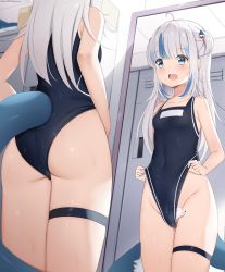 Rule 34 | 1girl, ahoge, animal, animal in clothes, ass, bare arms, bare shoulders, blue eyes, blue nails, blue one-piece swimsuit, blush, breasts, chintora0201, cowboy shot, fang, fins, fish tail, from behind, gawr gura, hair ornament, highres, hololive, hololive english, indoors, locker, locker room, long hair, looking at mirror, mirror, mouse (animal), multicolored hair, nail polish, one-piece swimsuit, open mouth, reflection, shark hair ornament, shark tail, simple background, skin fang, small breasts, solo, standing, streaked hair, swimsuit, tail, thigh strap, two side up, virtual youtuber