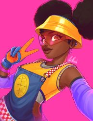 Rule 34 | 1girl, afro puffs, apex legends, black hair, blue gloves, blue overalls, brown eyes, bucket hat, commentary, cropped shirt, detached sleeves, double bun, earrings, english commentary, gloves, hair bun, hat, highres, hoop earrings, jewelry, lifeline (apex legends), looking at viewer, mic check lifeline, noush, official alternate costume, overalls, pink background, red-tinted eyewear, smile, solo, sunglasses, tank top, thick lips, tinted eyewear, two-tone gloves, upper body, v, yellow gloves, yellow hat, yellow tank top