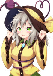 Rule 34 | 1girl, :3, :d, blouse, blush, breasts, commentary request, green eyes, green skirt, hands up, hat, heart, heart of string, koishi day, komeiji koishi, looking at viewer, medium breasts, medium hair, open mouth, rururiaru, shirt, silver hair, simple background, skirt, smile, solo, touhou, upper body, white background, yellow shirt