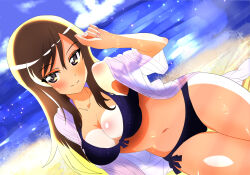 Rule 34 | 1girl, absurdres, beach, bikini, black bikini, blue sky, breasts, brown eyes, brown hair, cleavage, closed mouth, cloud, cloudy sky, day, dutch angle, front-tie bikini top, front-tie top, girls und panzer, hand in own hair, highres, horizon, kisaragi shokuin, long hair, looking to the side, medium breasts, mika (girls und panzer), navel, no headwear, ocean, outdoors, saturated, shirt, short sleeves, side-tie bikini bottom, sitting, sky, smile, solo, swimsuit, swimsuit cover-up, thigh gap, wet, white shirt